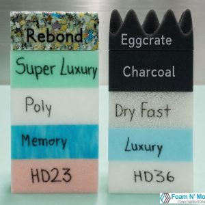 Front view of Foam N' More's high-density foam sample pack showing 10 labeled foam types with visible texture and cell structure.