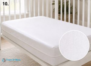 White waterproof vinyl baby crib mattress cover fitted on a standard crib mattress, featuring a durable sewn construction and an inset close-up showing the cross-hatch vinyl fabric texture.